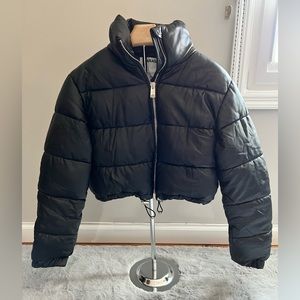 Garage Black Faux Leather Cropped Puffer Jacket